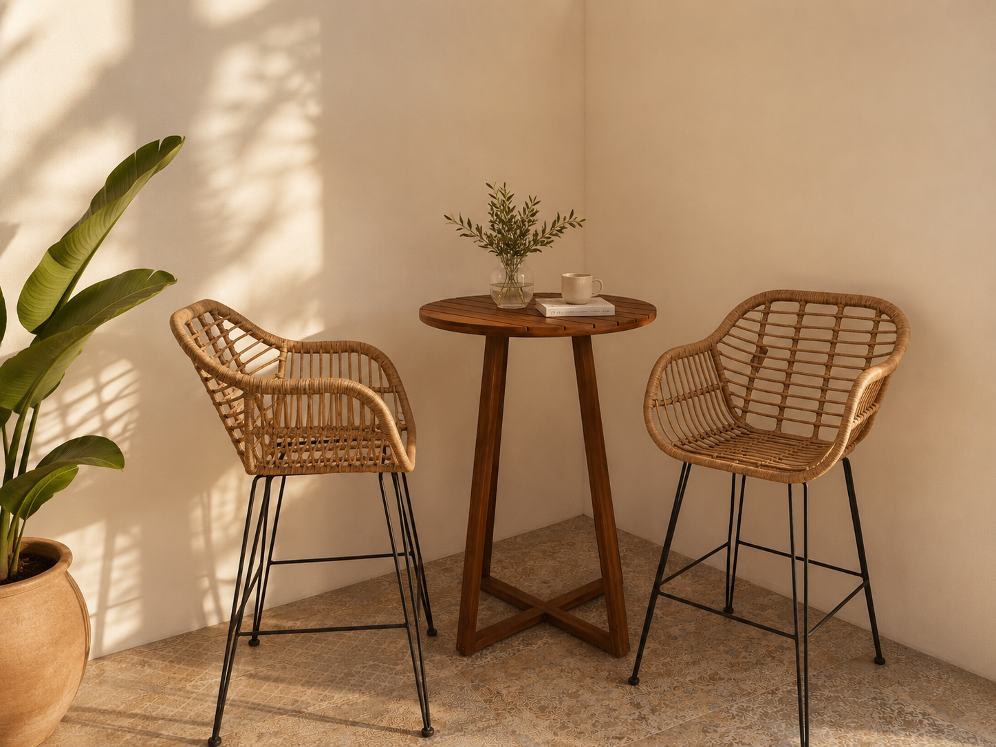 Mesa de café en terraza al sol